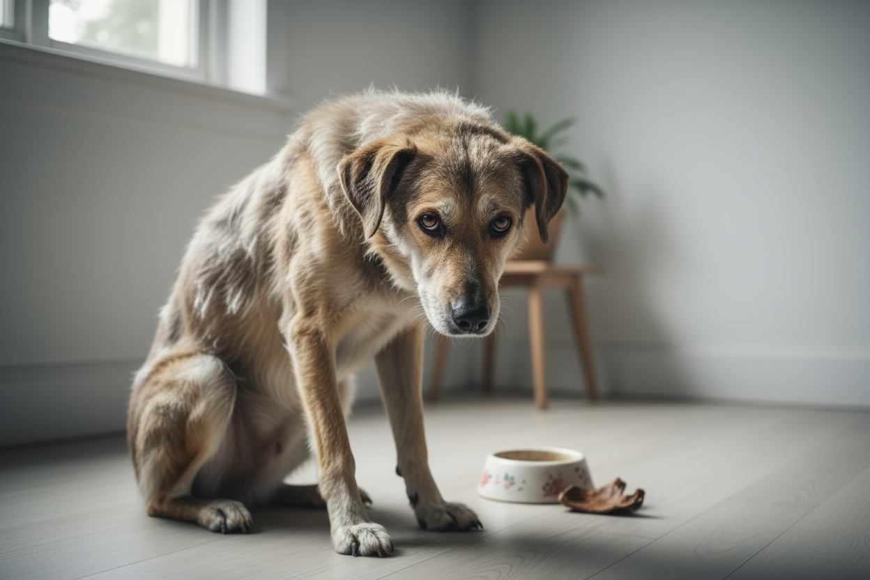 Perro triste en entorno neutro y luminoso